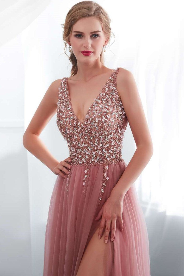 Blush Pink V-neck Beaded Tulle Prom Dress