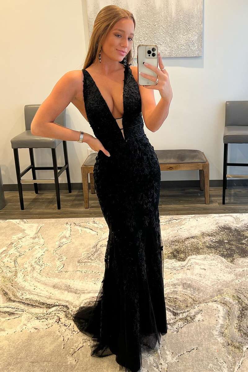 Plunge Black Embroidered Mermaid Long Prom Dress Modsele Plunge Black Embroidered Mermaid Long Prom Dress Modsele