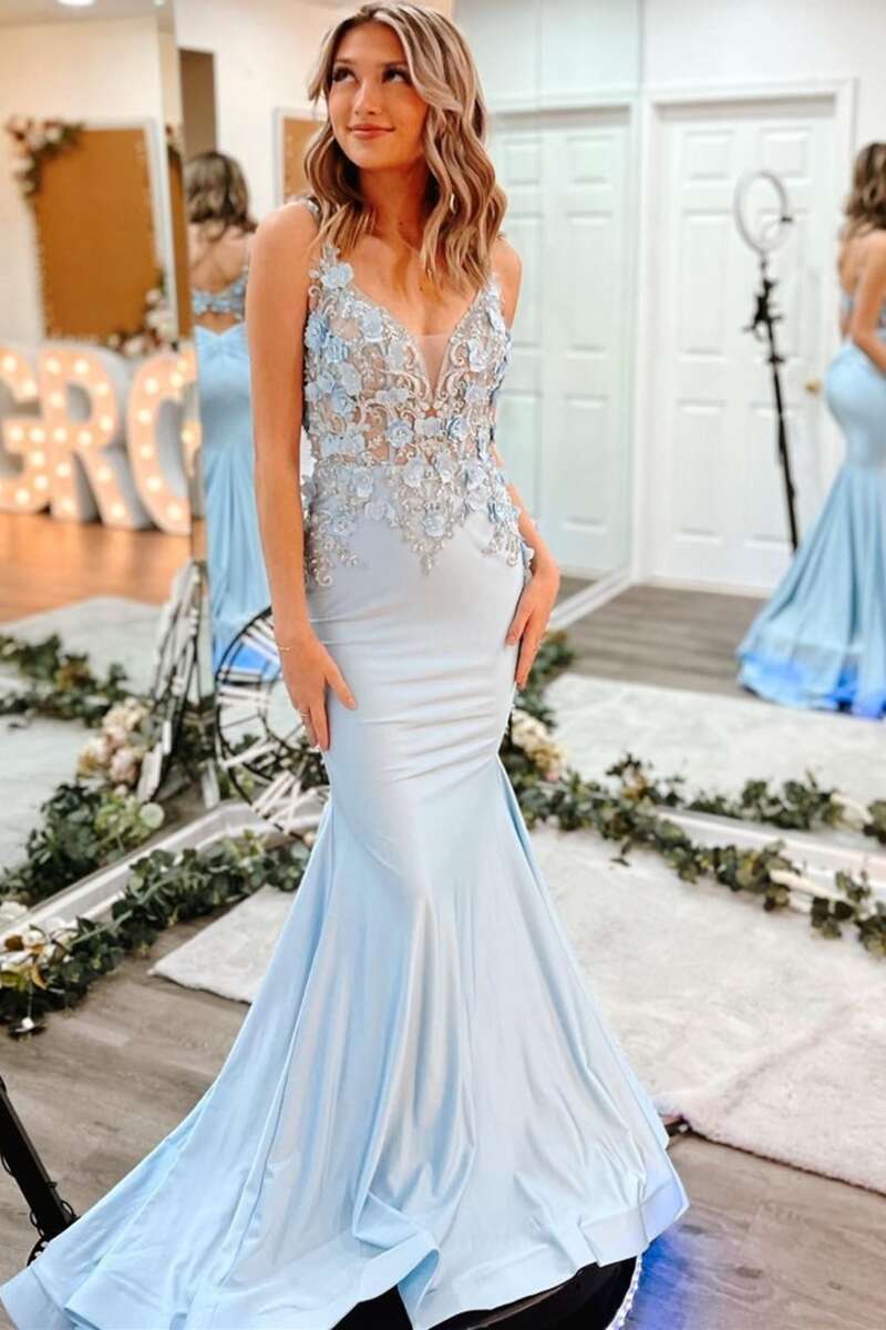Light Blue 3D Floral Lace V-Neck Backless Trumpet Prom Dress Modsele Light Blue 3D Floral Lace V-Neck Backless Trumpet Prom Dress Modsele