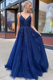 Dark Blue Lace Appliqués V-Neck Lace-Up A-Line Prom Dress