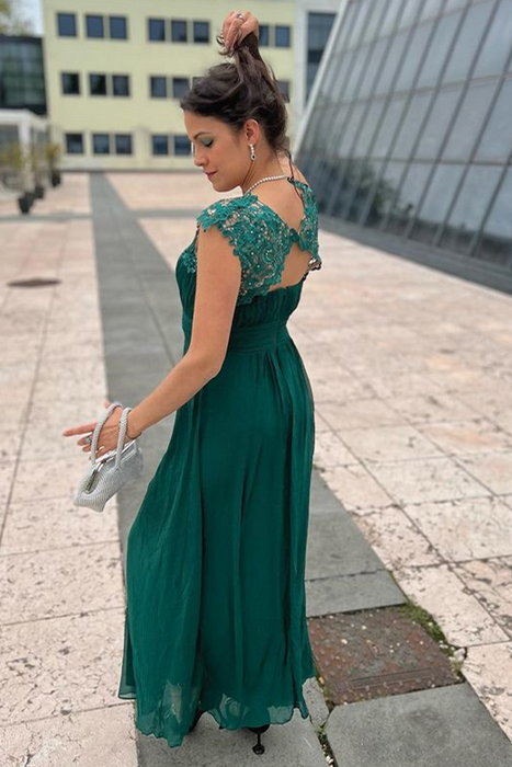 Hunter Green Chiffon Lace Cap Sleeve Bridesmaid Dress