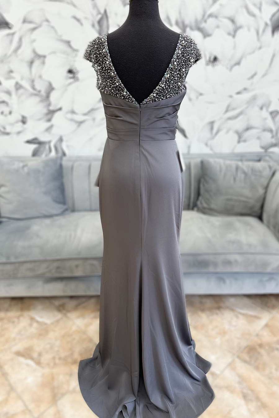 Grey Beaded Cap Sleeve Ruffles Long Mother of the Bride Dress Modsele Grey Beaded Cap Sleeve Ruffles Long Mother of the Bride Dress Modsele