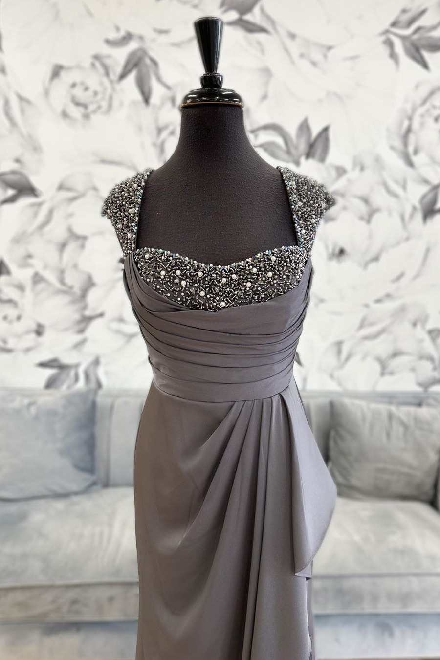 Grey Beaded Cap Sleeve Ruffles Long Mother of the Bride Dress Modsele Grey Beaded Cap Sleeve Ruffles Long Mother of the Bride Dress Modsele