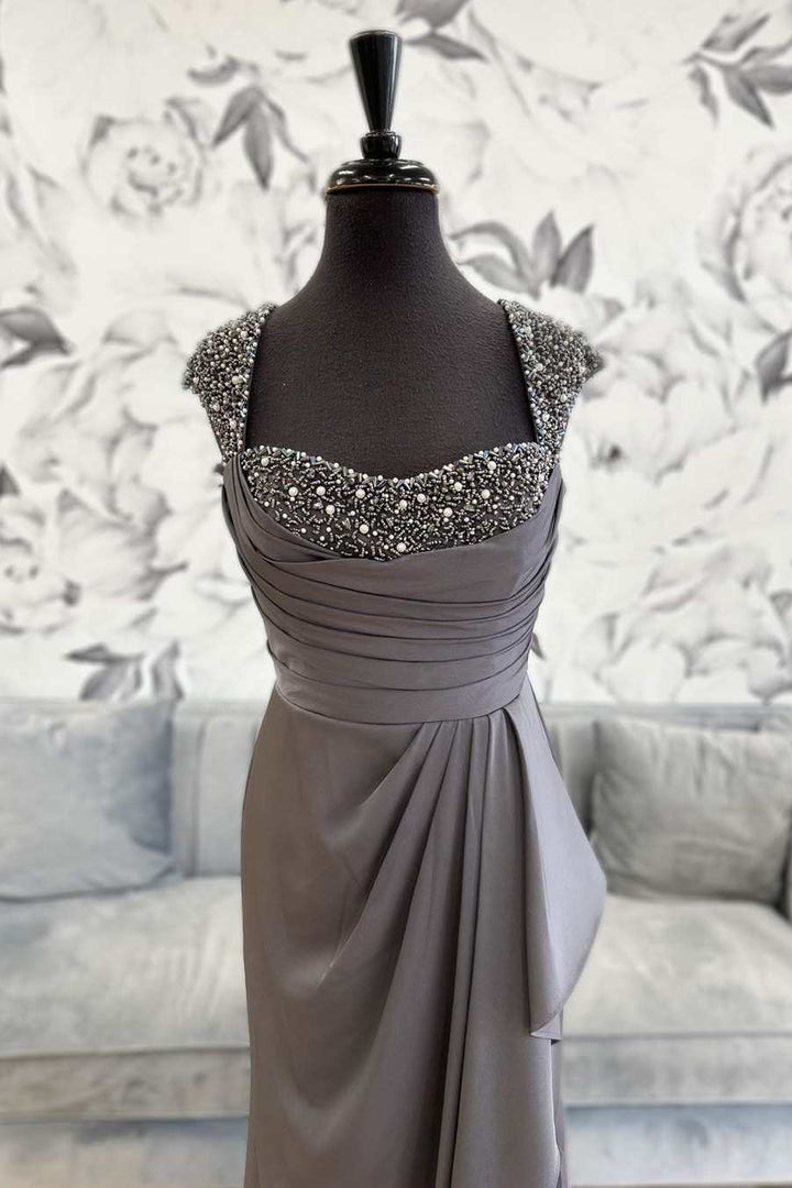 Grey Beaded Cap Sleeve Ruffles Long Mother of the Bride Dress