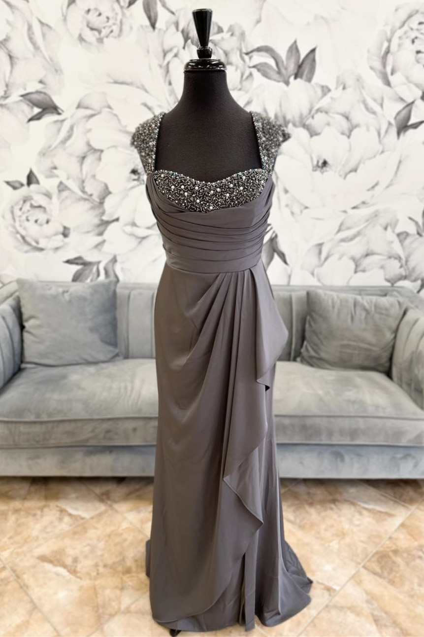 Grey Beaded Cap Sleeve Ruffles Long Mother of the Bride Dress Modsele Grey Beaded Cap Sleeve Ruffles Long Mother of the Bride Dress Modsele