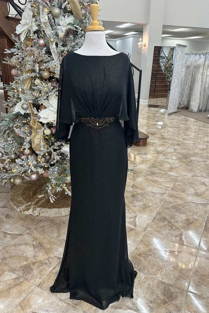 Black Rhinestones Cape Sleeves Long Formal Dress