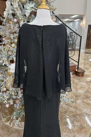 Black Rhinestones Cape Sleeves Long Formal Dress
