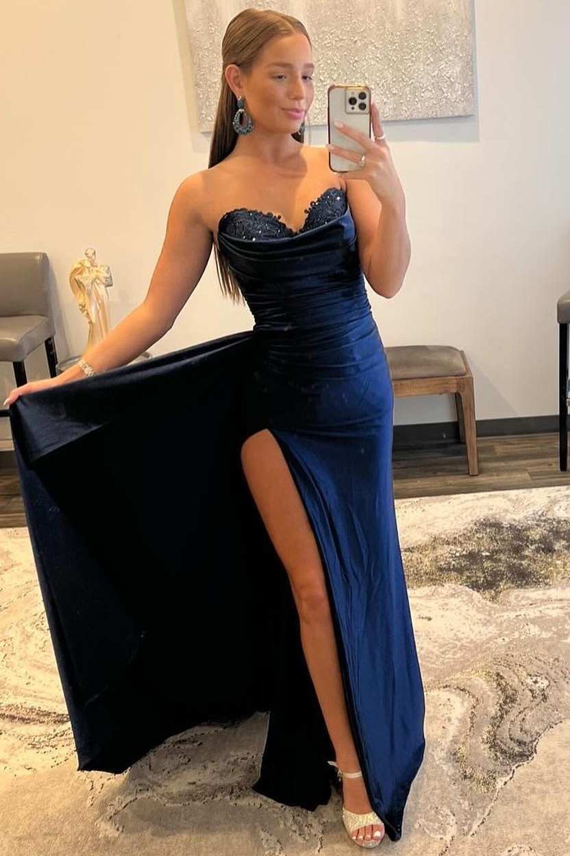 Navy Blue Sweetheart Long Prom Dress with Attached Train
