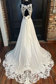 White Cowl Neck Cutout Back Lace-Trimmed Long Wedding Dress