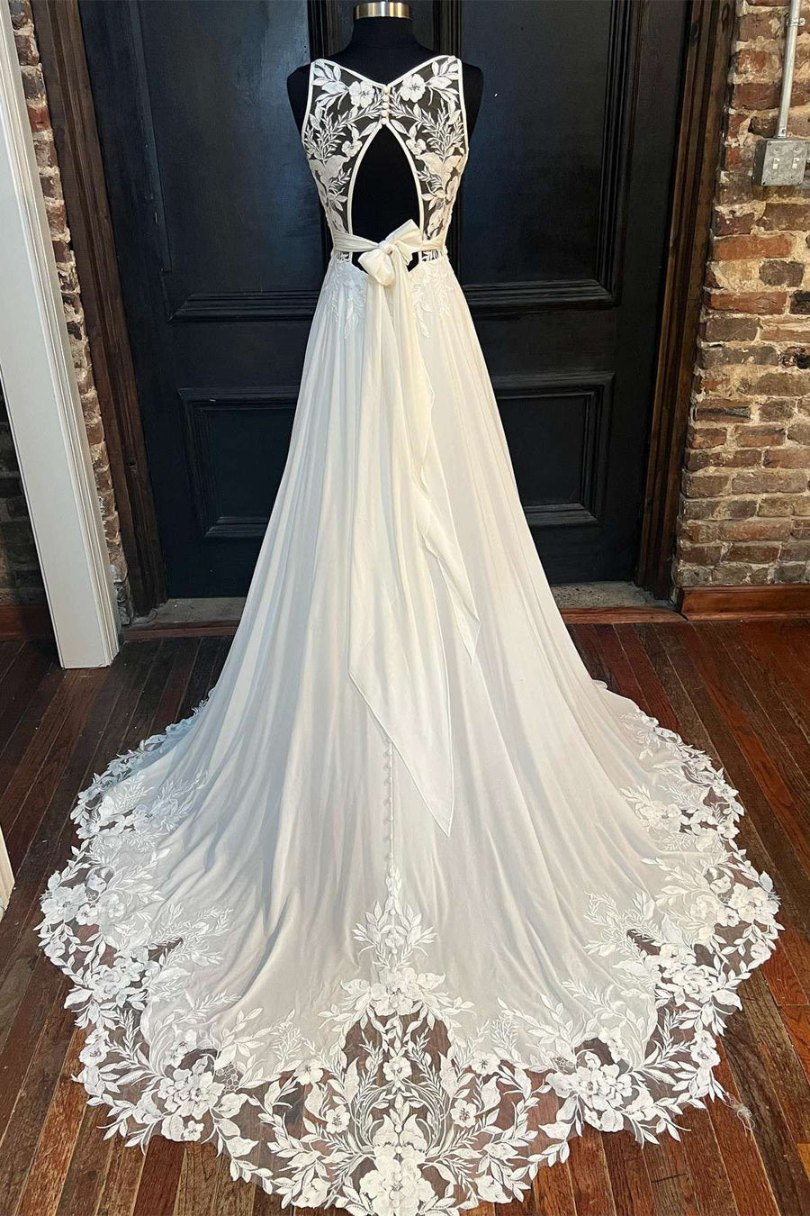 White Cowl Neck Cutout Back Lace-Trimmed Long Wedding Dress Modsele White Cowl Neck Cutout Back Lace-Trimmed Long Wedding Dress Modsele