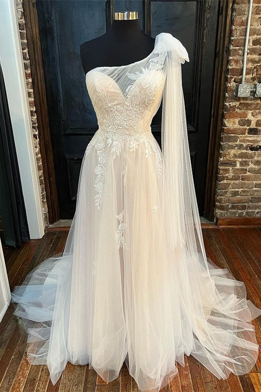 navy blue dress for baby girl One Shoulder A-Line Bridal Gown 6 / Off White main image 1
