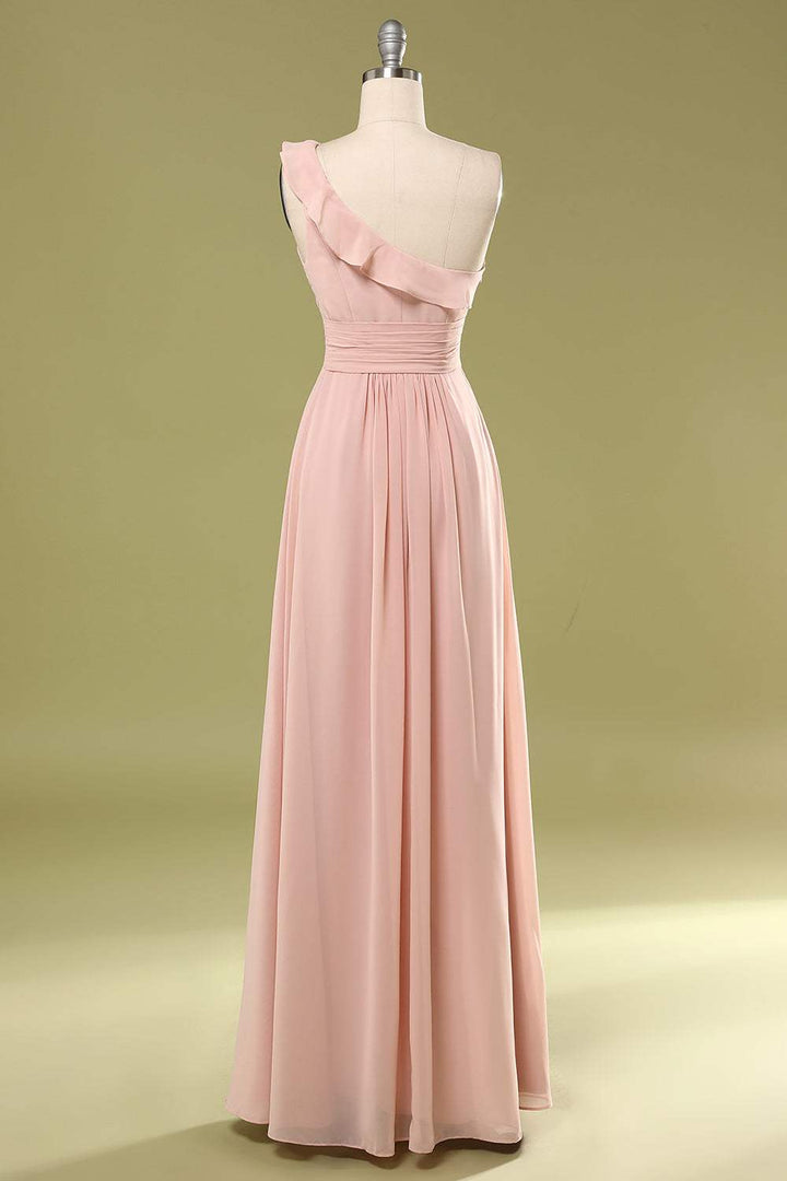 Blush Chiffon One-Shoulder Ruffled Bridesmaid Dress