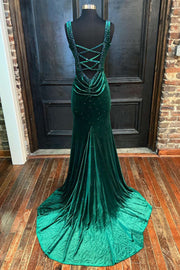 Emerald Velvet V-Neck Cutout Back Mermaid Long Formal Dress