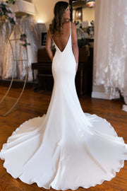 White Plunge V Backless Mermaid Long Wedding Dress