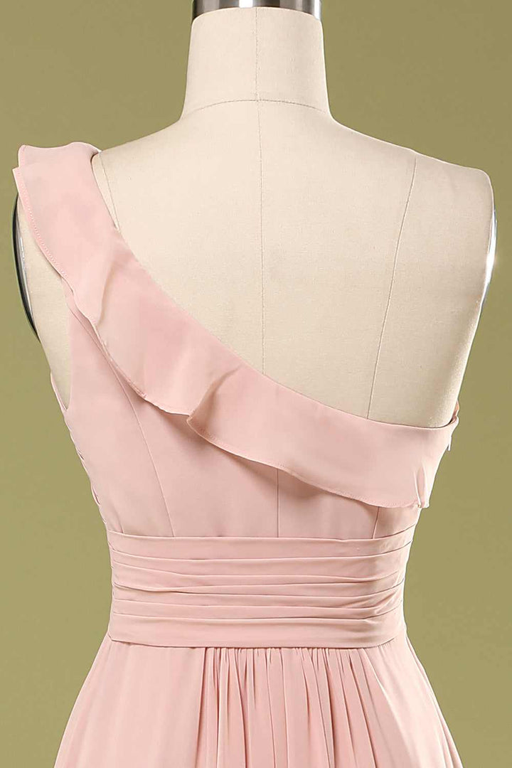 Blush Chiffon One-Shoulder Ruffled Bridesmaid Dress