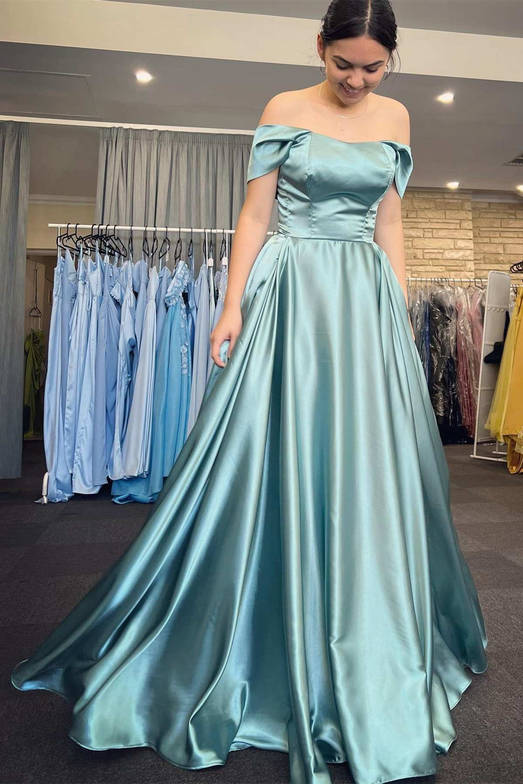 Elegant Turquoise Off-the-Shoulder A-Line Prom Gown – Modsele