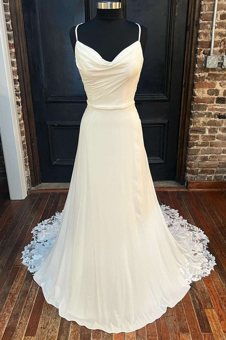 White Cowl Neck Cutout Back Lace-Trimmed Long Wedding Dress