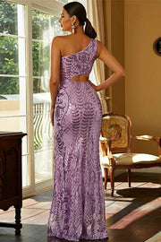 Lilac Print One-Shoulder Cutout Long Formal Dress with Slit