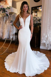 White Plunge V Backless Mermaid Long Wedding Dress