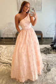 3D Butterfly Pearl Pink One-Shoulder A-Line Prom Dress