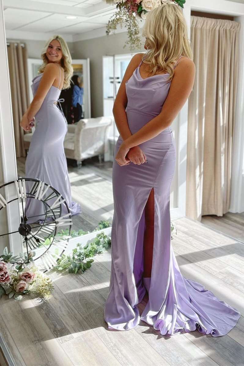 Lavender Satin Cowl Neck Side Slit Mermaid Prom Dress