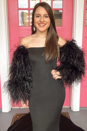 Black Strapless Trumpet Long Prom Dress with Feather Sleeves