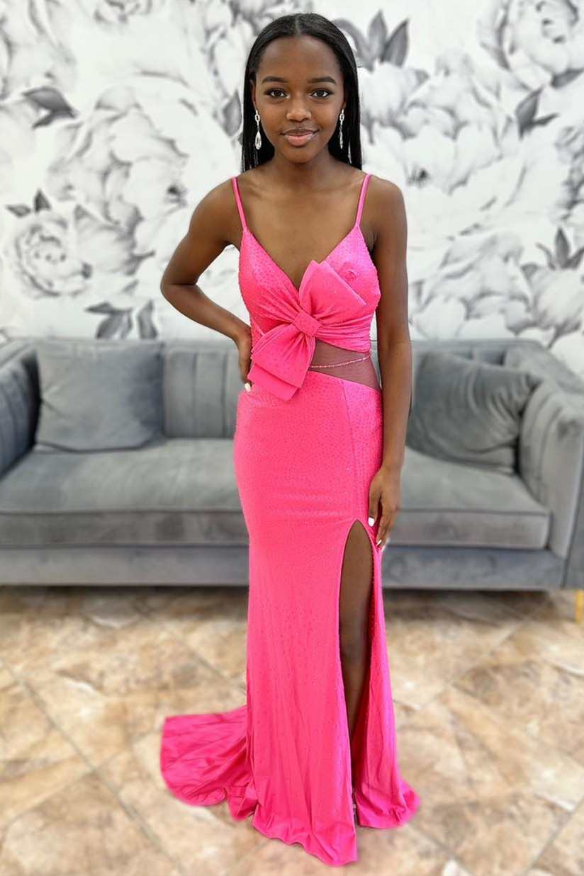 Hot Pink Beaded Bow-Front Mermaid Long Prom Dress with Slit