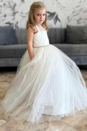 White Tulle Straps A-Line Flower Girl Dress