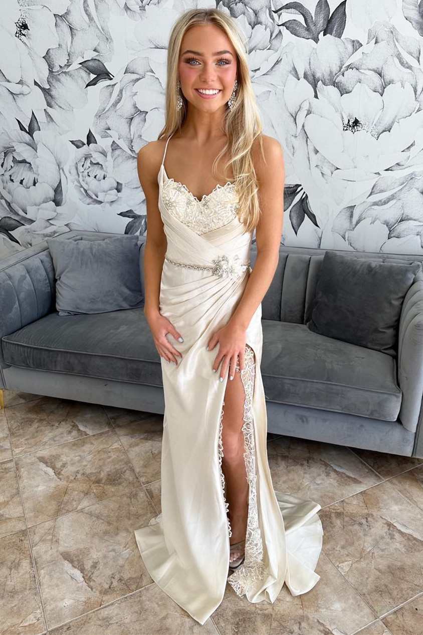 Beige Satin Lace Belted Ruching Long Bridal Gown with Slit