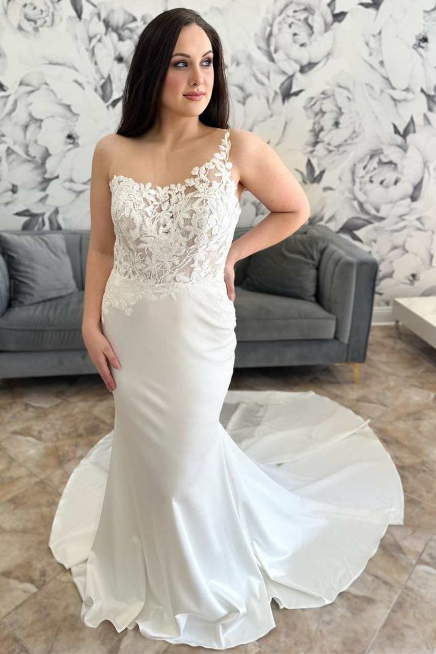 Asymmetrical White Floral Lace Mermaid Long Wedding Dress
