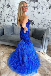 Royal Blue Feathers Beaded Strapless Trumpet Long Formal Gown