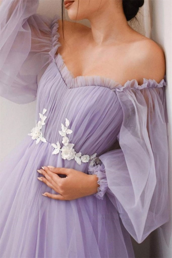 Lavender Off-the-Shoulder A-line Long Tulle Dress