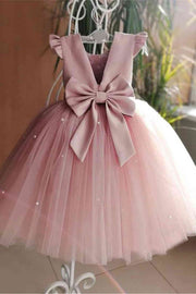 Pink Ruffled Sleeves Open Back Flower Girl Dress with Pearls