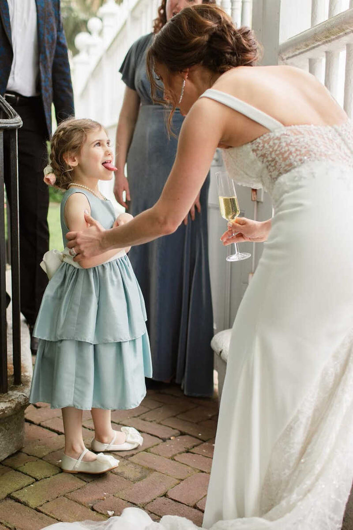 Dusty Blue Satin Crew Neck Bow Back Tiered Flower Girl Dress