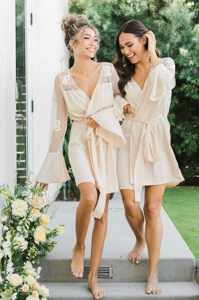 Nude Wrap Short Bridesmaid Robe with Long Sleeves – Modsele