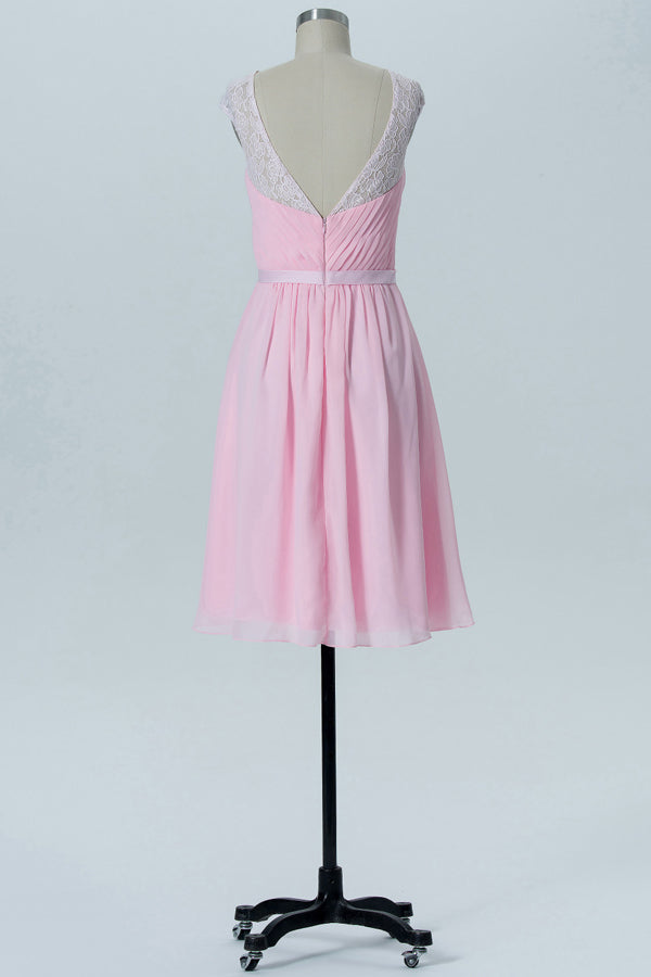 Pink Chiffon Lace Straps Backless Short Bridesmaid Dress
