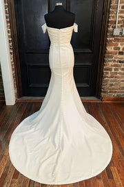 White Satin Off-the-Shoulder Mermaid Long Wedding Dress