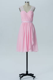 Pink Chiffon Lace Straps Backless Short Bridesmaid Dress