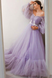 Lavender Off-the-Shoulder A-line Long Tulle Dress