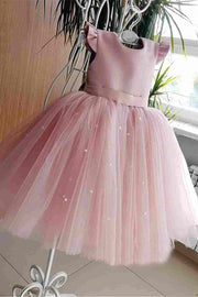 Pink Ruffled Sleeves Open Back Flower Girl Dress with Pearls