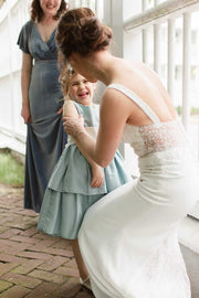 Dusty Blue Satin Crew Neck Bow Back Tiered Flower Girl Dress
