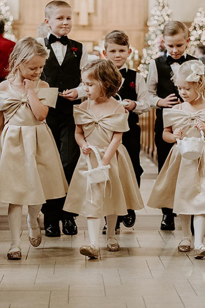 Champagne Straps Bow Front A-Line Flower Girl Dress – Modsele Champagne Straps Bow Front A-Line Flower Girl Dress – Modsele