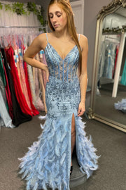 Blue Tulle Sequin V-Neck Mermaid Long Prom Gown with Feathers