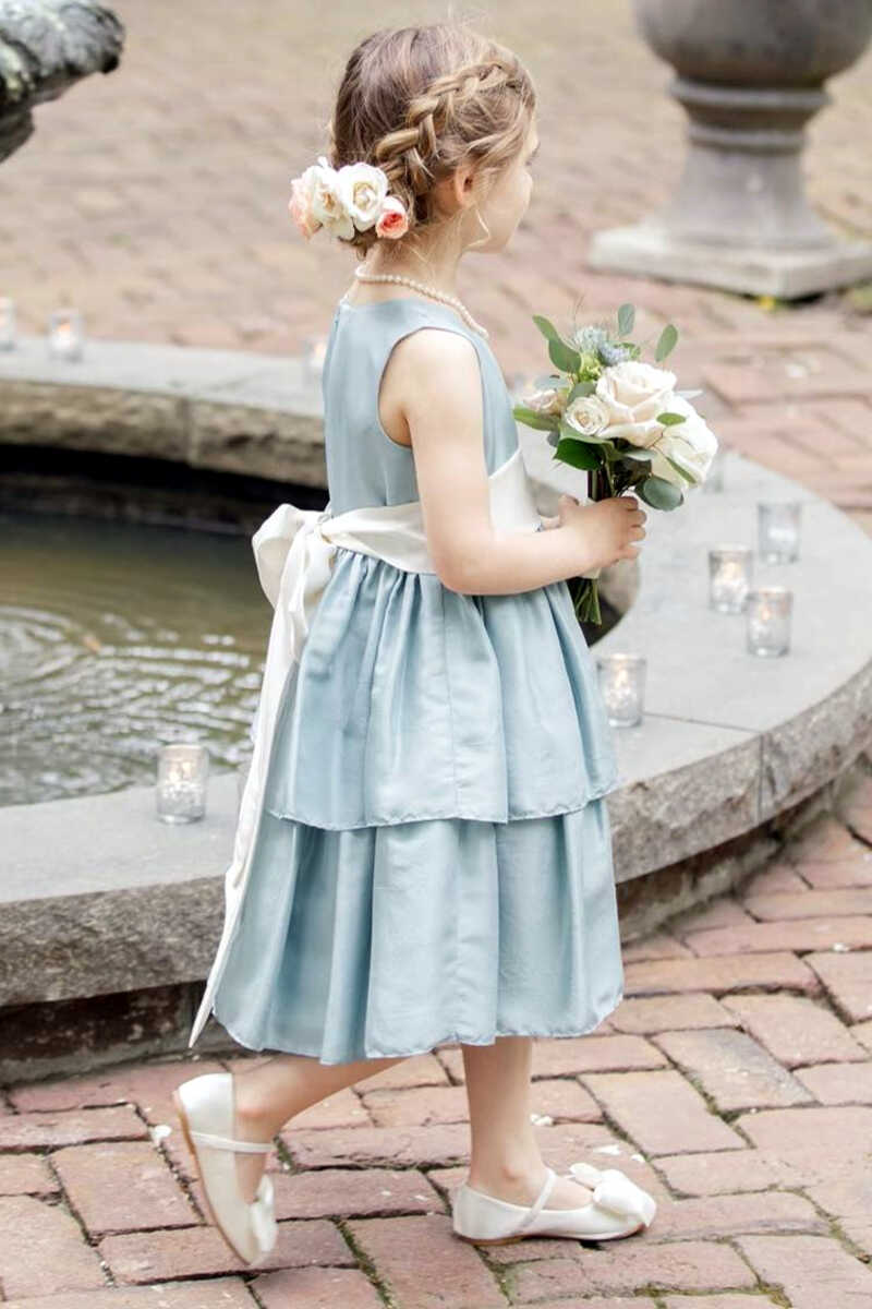 Dusty Blue Satin Crew Neck Bow Back Tiered Flower Girl Dress