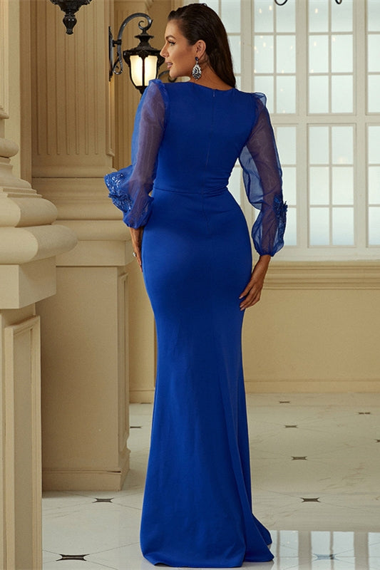Royal Blue Queen Anne Long Sleeve Mermaid Formal Dress
