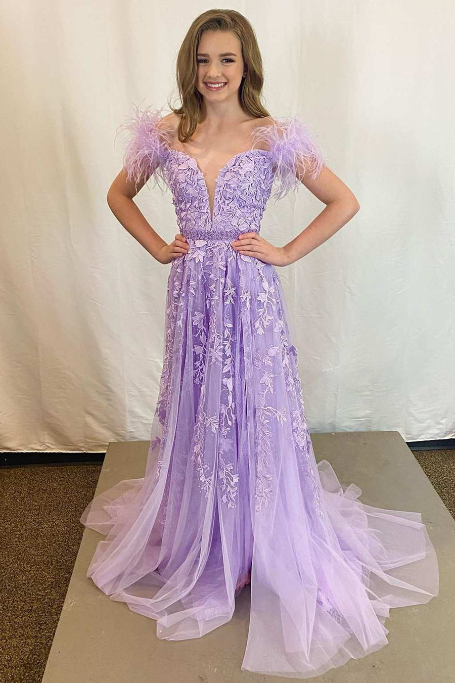 Lavender Appliques Off-the-Shoulder A-Line Prom Dress