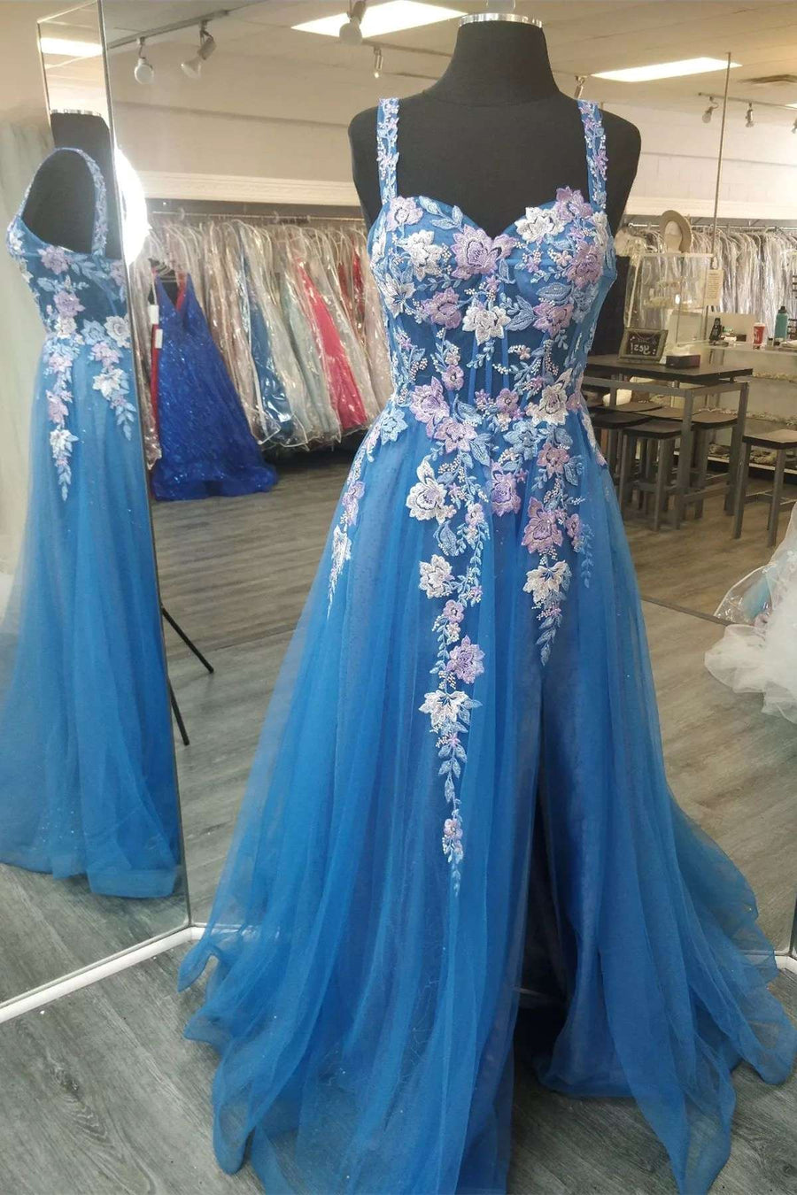 Blue Floral Lace Sweetheart A-Line Prom Dress with Slit