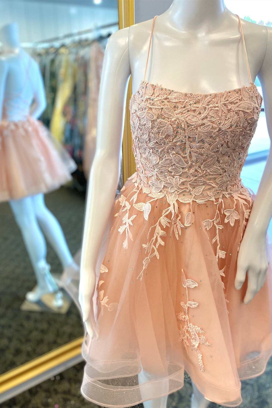 Peach Appliques Lace-Up A-Line Short Party Dress