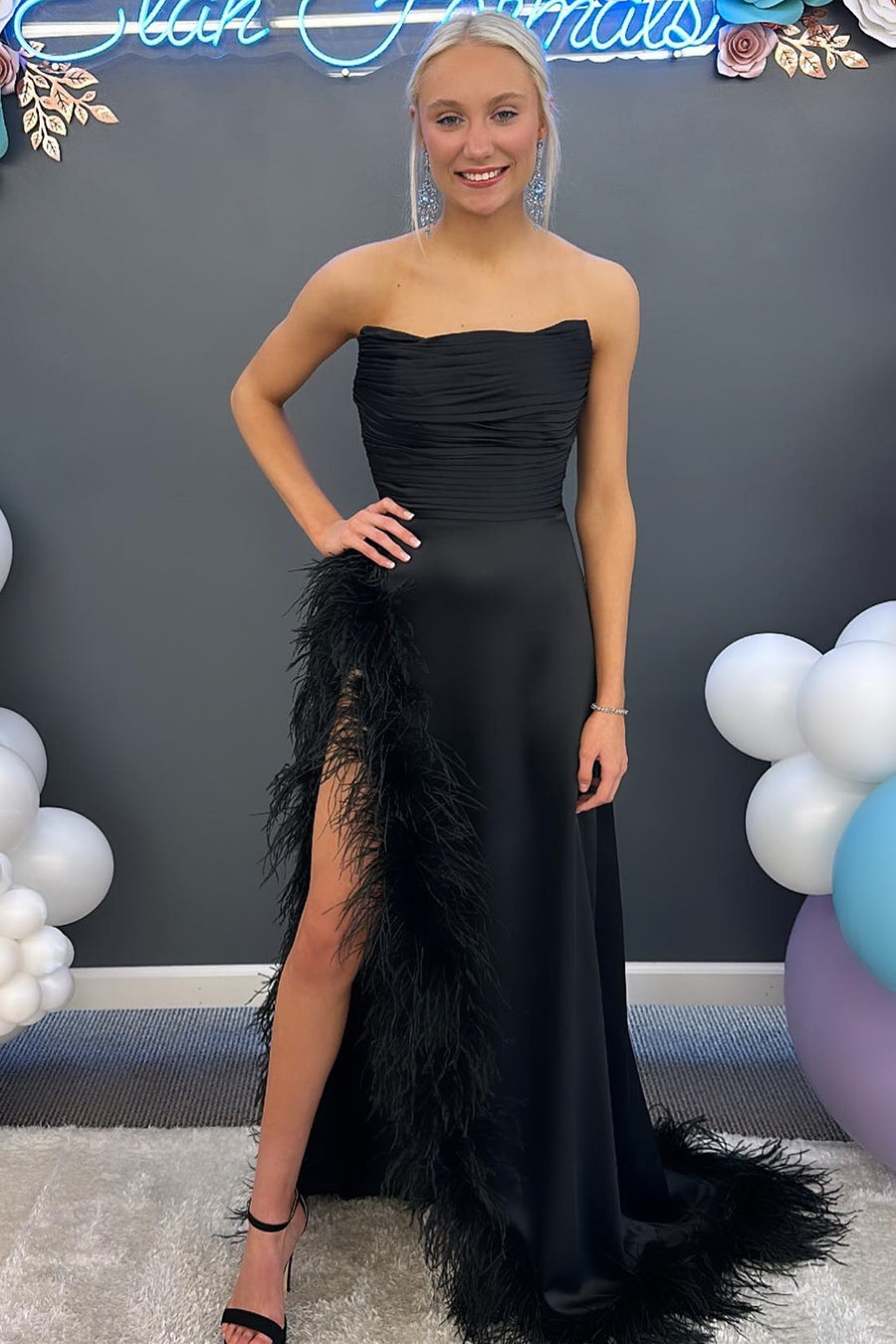 Black Feather Strapless Ruching Long Formal Dress with Slit