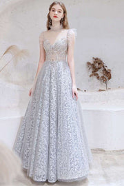 Elegant Lace Illusion A-line Prom Dress with Beaded and Rhinestone